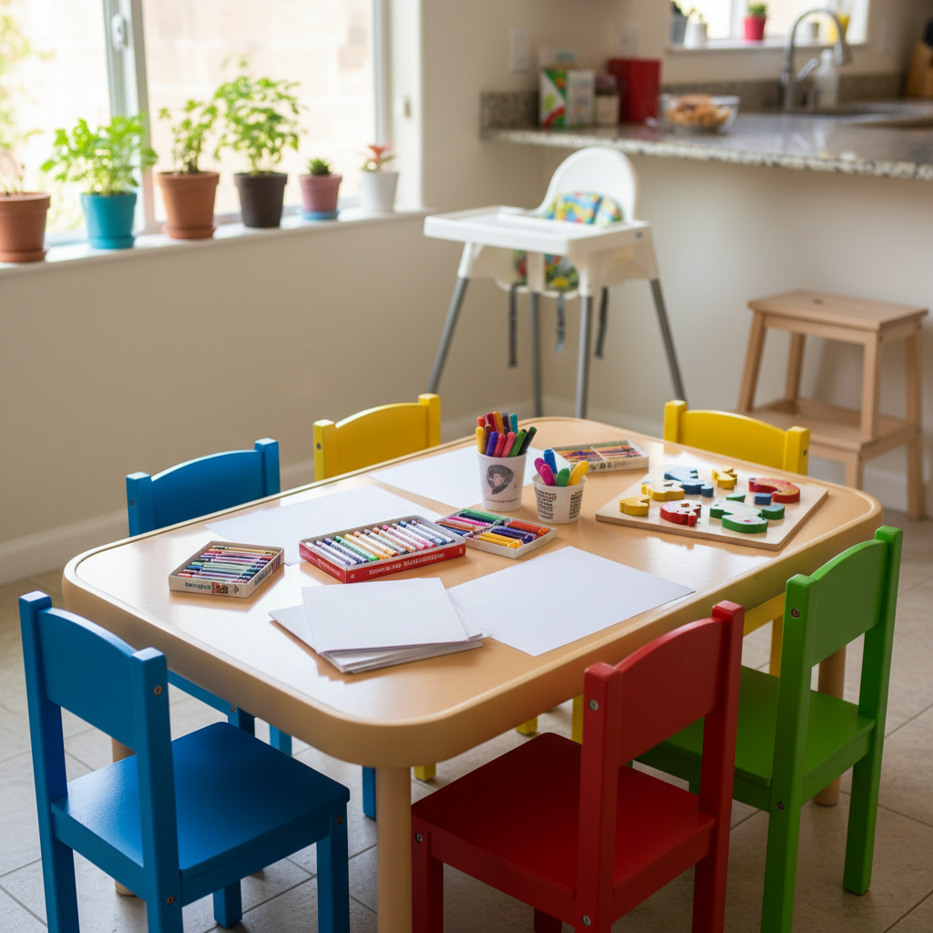 A bright, organized activity table setup in an in-home daycare kitchen-dining area, featuring a child-height rectangular table with smooth rounded edges and sturdy colorful chairs. On the table sit neatly arranged non-toxic crayons, chunky washable markers, blank drawing paper, and a simple wooden puzzle with large pieces. Nearby, a highchair and a step stool at the kitchen counter hint at age-appropriate care from 3 months to 10 years. Morning sunlight streams through a nearby window, creating gentle reflections on the tabletop and subtle bokeh in the background. Shot in photographic realism from a slightly high angle, the mood is energetic, creative, and structured, reflecting a professional yet homey Anaheim family daycare environment.