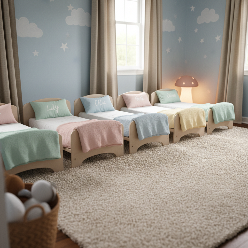 A cozy nap room in a licensed family daycare home, with a row of small, low cots aligned neatly on a plush, neutral-colored rug, each cot made with soft pastel blankets and matching labeled pillowcases. The walls are painted in a soothing light blue, adorned with simple cloud and star decals. Blackout curtains are partially drawn, allowing just a hint of diffused daylight to enter, while a small nightlight in the corner casts a warm, comforting glow. Captured at eye level with a gently blurred foreground and sharp cot details, the photographic realism emphasizes calm, restfulness, and meticulous care for infants and toddlers in a professional childcare setting.