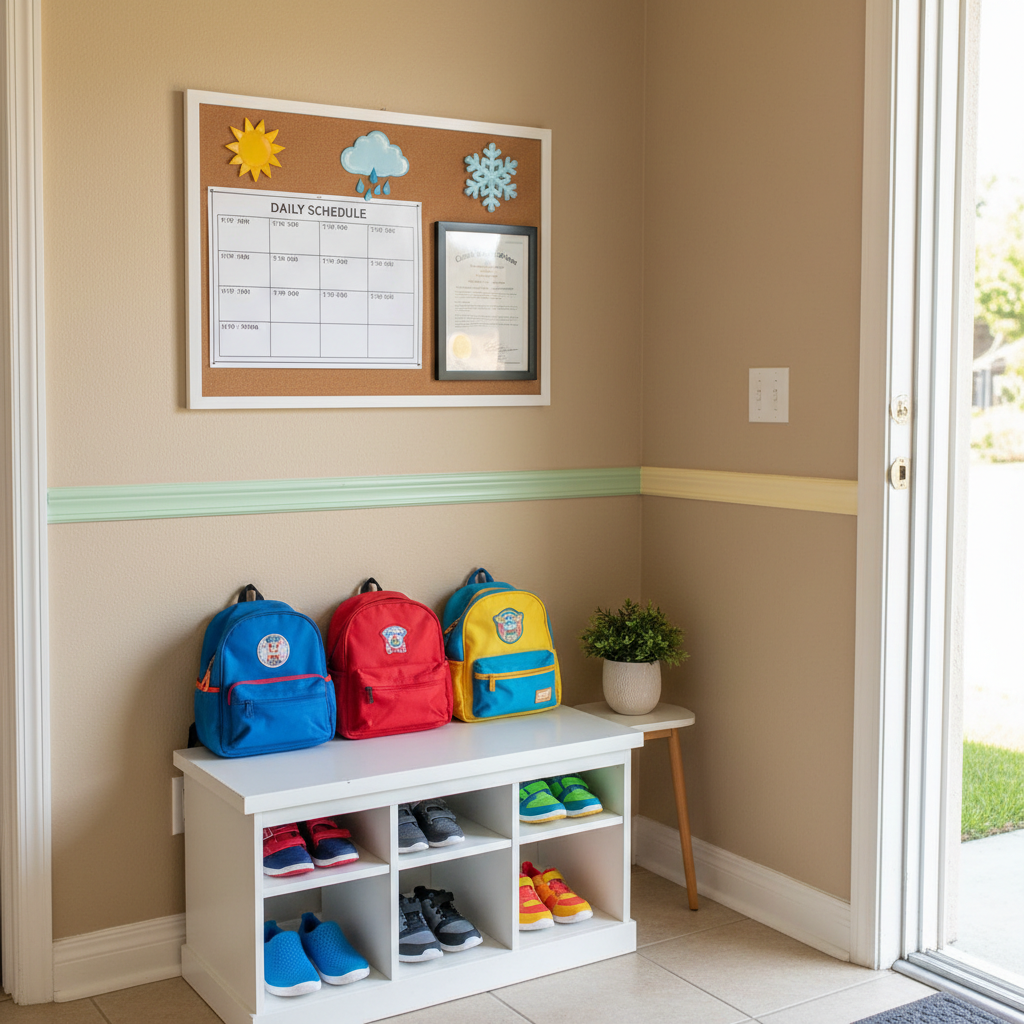 A tidy entrance area of a licensed family daycare inside a suburban Anaheim home, featuring a small white bench with cubbies underneath, each holding miniature backpacks and neatly lined shoes. Above the bench, a corkboard displays a daily schedule, a printed license certificate in a simple frame, and weather-themed learning visuals. The walls are painted a soft warm beige, with accent trim in gentle pastel tones. Afternoon natural light pours in from a nearby window, creating a bright yet calming atmosphere. Captured in photographic realism from a slightly elevated angle with balanced composition, the scene feels professional, organized, and welcoming, reflecting the reliability and structure of an in-home childcare setting.